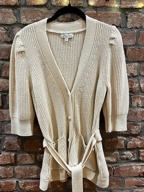 Adam Lippes Chunky Knit Cream Cardigan Sweater with Belt